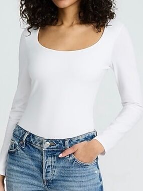 Express Body Contour Scoop Neck Long Sleeve Bodysuit White - XS